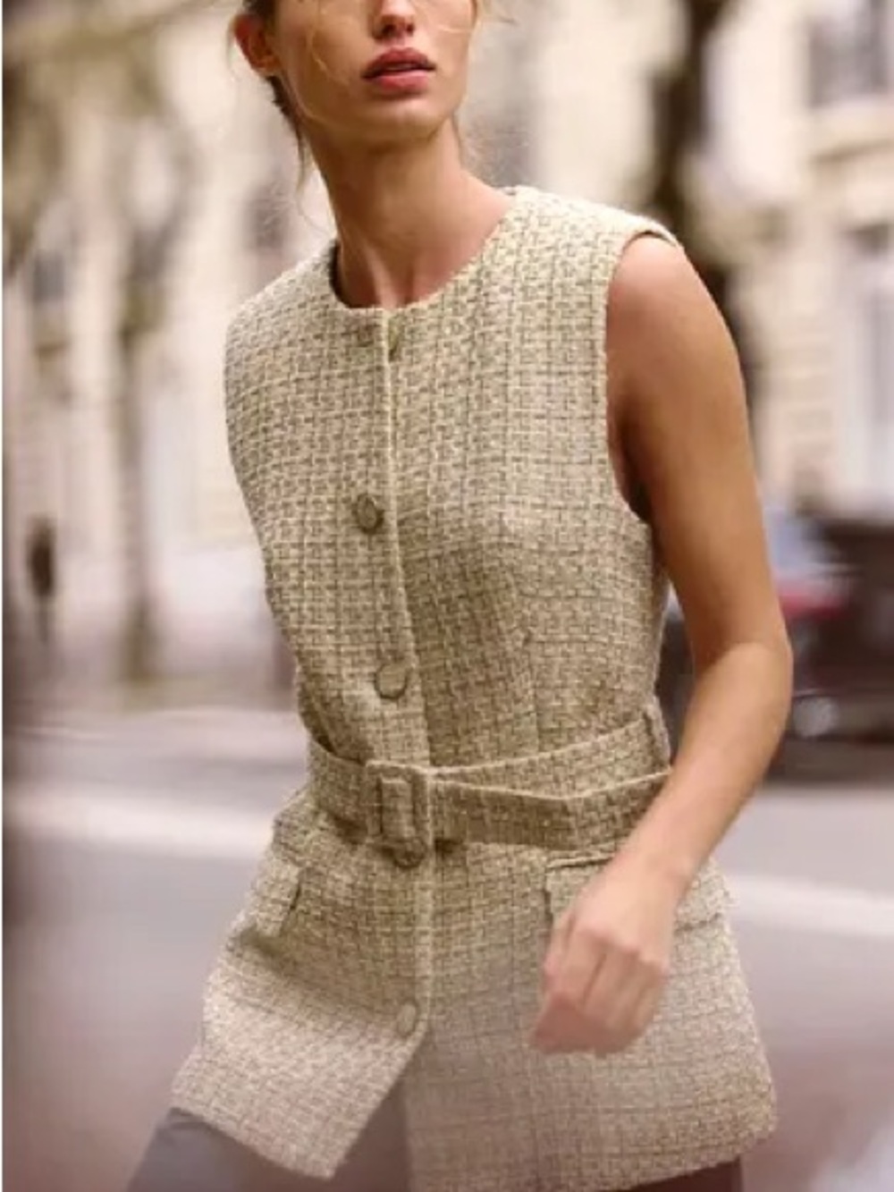 Zara Cream Tweed Sleeveless Belted Vest
